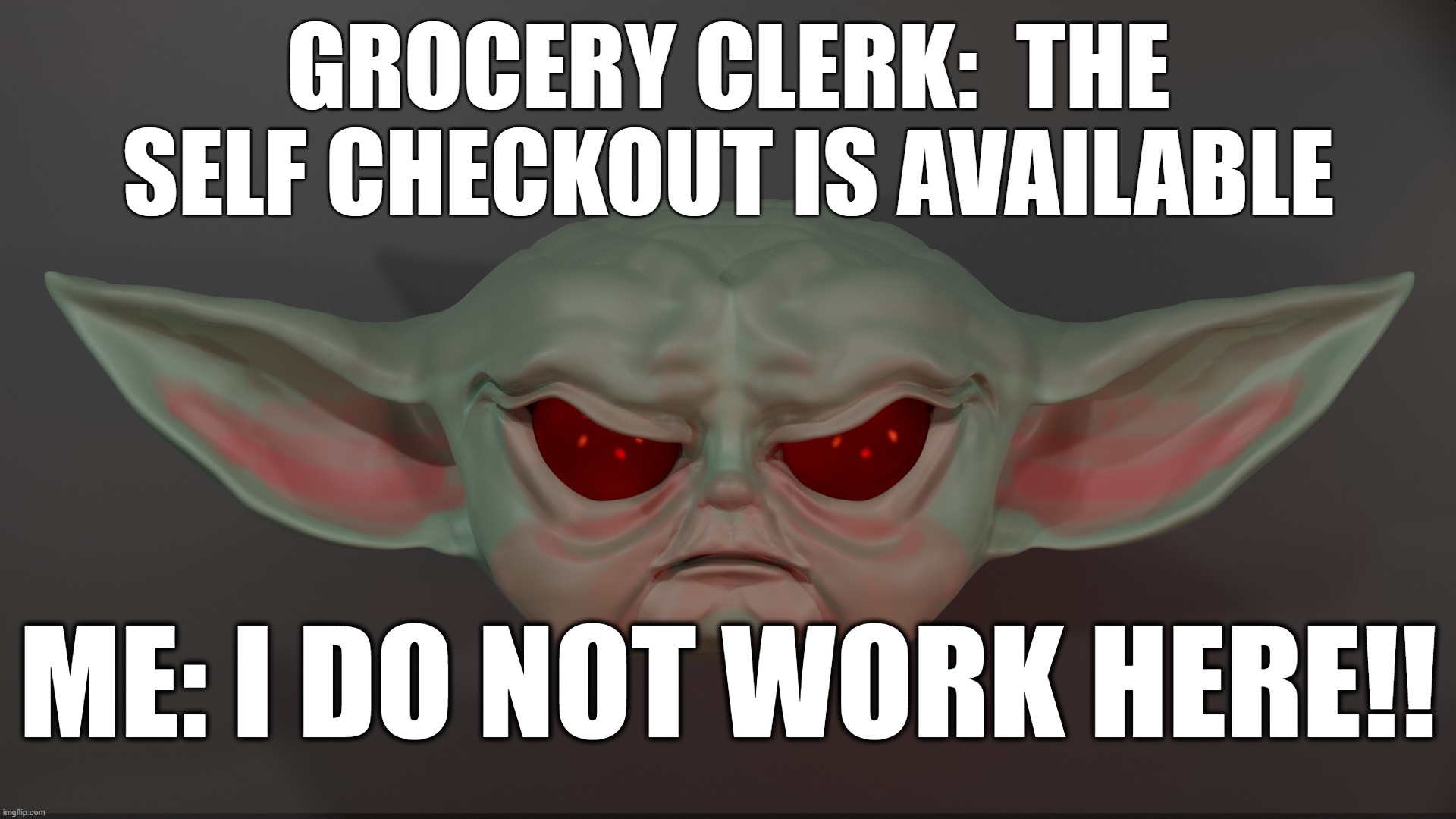 Self Checkout | GROCERY CLERK:  THE SELF CHECKOUT IS AVAILABLE; ME: I DO NOT WORK HERE!! | image tagged in grogu,self checkout,angry | made w/ Imgflip meme maker