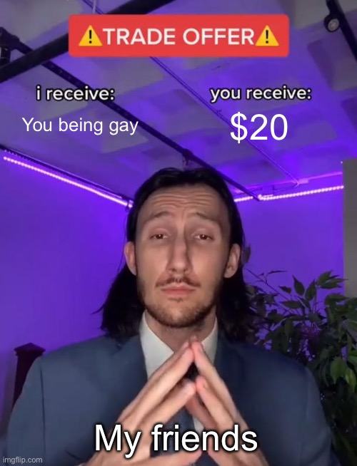 Oh no. | You being gay; $20; My friends | image tagged in trade offer | made w/ Imgflip meme maker
