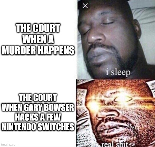 The U.S. court system is a joke. | THE COURT WHEN A MURDER HAPPENS; THE COURT WHEN GARY BOWSER HACKS A FEW NINTENDO SWITCHES | image tagged in i sleep real shit,serial killer,murder,murderer,bowser,nintendo | made w/ Imgflip meme maker