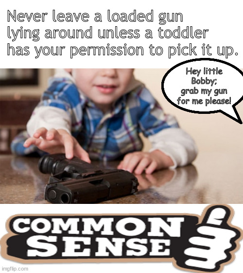 common sense 101: gun safety | Never leave a loaded gun lying around unless a toddler has your permission to pick it up. Hey little Bobby; grab my gun for me please! | image tagged in memes,dark humor,guns | made w/ Imgflip meme maker