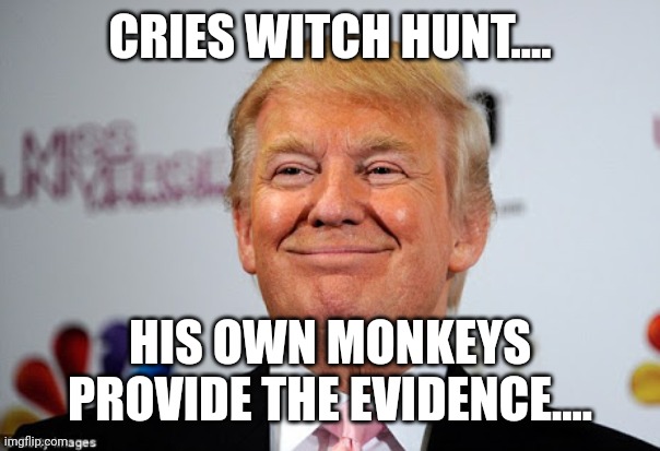 Witch hunt! | CRIES WITCH HUNT.... HIS OWN MONKEYS PROVIDE THE EVIDENCE.... | image tagged in conservative,republican,democrat,trump,trump supporter,liberal | made w/ Imgflip meme maker