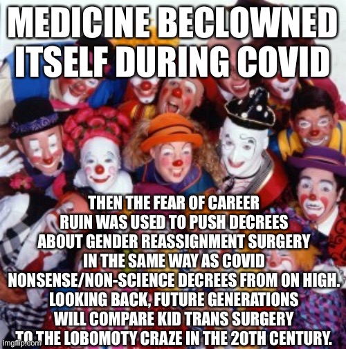 History will judge us harshly | MEDICINE BECLOWNED ITSELF DURING COVID; THEN THE FEAR OF CAREER RUIN WAS USED TO PUSH DECREES ABOUT GENDER REASSIGNMENT SURGERY IN THE SAME WAY AS COVID NONSENSE/NON-SCIENCE DECREES FROM ON HIGH. LOOKING BACK, FUTURE GENERATIONS WILL COMPARE KID TRANS SURGERY TO THE LOBOMOTY CRAZE IN THE 20TH CENTURY. | image tagged in clowns | made w/ Imgflip meme maker