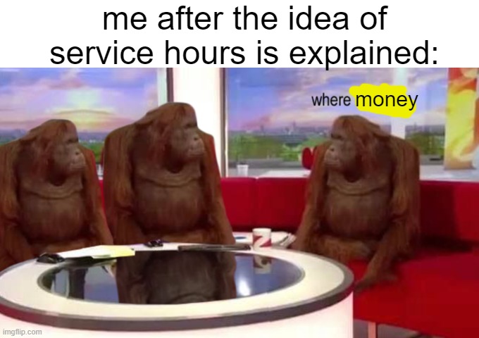 in Ohio it is required to graduate from highschool with 120 service hours | me after the idea of service hours is explained:; money | image tagged in where banana | made w/ Imgflip meme maker