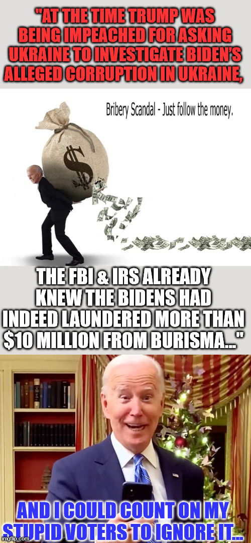 Stupid Biden voters ignored the truth...  they were blinded by their Trump hate kool aid | "AT THE TIME TRUMP WAS BEING IMPEACHED FOR ASKING UKRAINE TO INVESTIGATE BIDEN’S ALLEGED CORRUPTION IN UKRAINE, THE FBI & IRS ALREADY KNEW THE BIDENS HAD INDEED LAUNDERED MORE THAN $10 MILLION FROM BURISMA..."; AND I COULD COUNT ON MY STUPID VOTERS TO IGNORE IT... | image tagged in triggered liberal,cult,trump,hate,tds | made w/ Imgflip meme maker