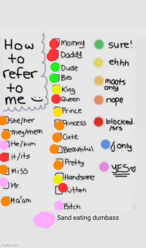 How To Refer To Me :) | Sand eating dumbass | image tagged in how to refer to me | made w/ Imgflip meme maker