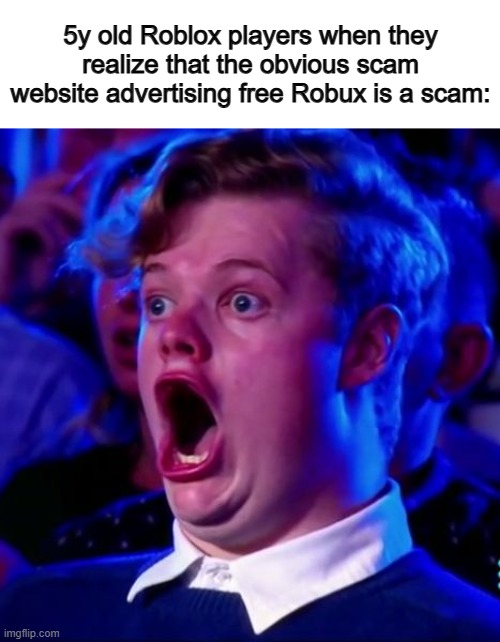 "No way" :O | 5y old Roblox players when they realize that the obvious scam website advertising free Robux is a scam: | image tagged in shocked man | made w/ Imgflip meme maker