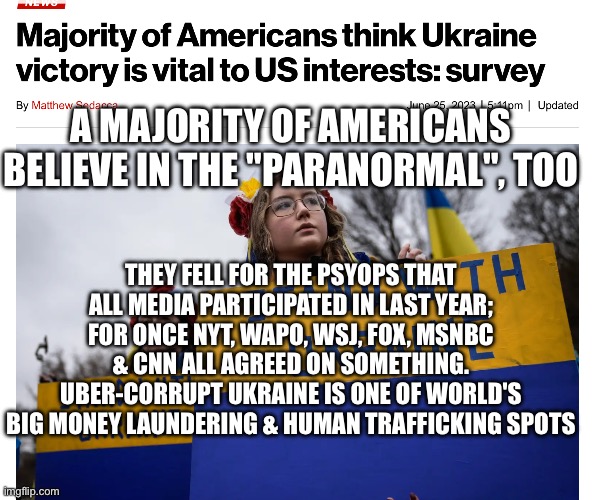 A MAJORITY OF AMERICANS BELIEVE IN THE "PARANORMAL", TOO; THEY FELL FOR THE PSYOPS THAT ALL MEDIA PARTICIPATED IN LAST YEAR; FOR ONCE NYT, WAPO, WSJ, FOX, MSNBC & CNN ALL AGREED ON SOMETHING. UBER-CORRUPT UKRAINE IS ONE OF WORLD'S BIG MONEY LAUNDERING & HUMAN TRAFFICKING SPOTS | image tagged in memes | made w/ Imgflip meme maker