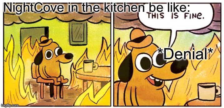This Is Fine Meme | NightCove in the kitchen be like:; *Denial* | image tagged in memes,this is fine | made w/ Imgflip meme maker