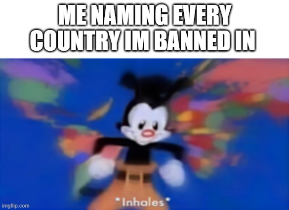 Yakko inhale | ME NAMING EVERY COUNTRY IM BANNED IN | image tagged in yakko inhale | made w/ Imgflip meme maker