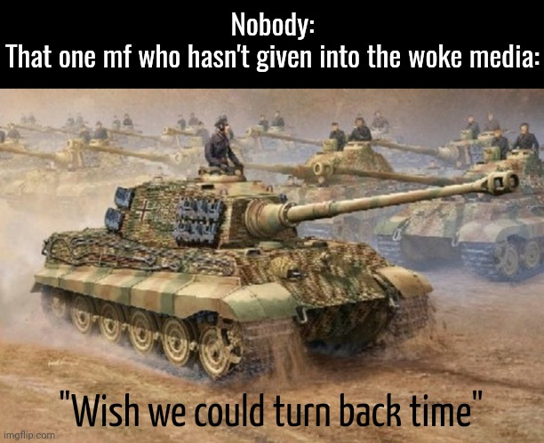 I keep seeing these memes on YouTube, so... Why the hell not? | Nobody:
That one mf who hasn't given into the woke media:; "Wish we could turn back time" | image tagged in king tiger | made w/ Imgflip meme maker