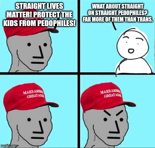 If we are going to be doing this reversal ... let's do it "right" | WHAT ABOUT STRAIGHT ON STRAIGHT PEDOPHILES? FAR MORE OF THEM THAN TRANS. STRAIGHT LIVES MATTER! PROTECT THE KIDS FROM PEDOPHILES! | image tagged in maga npc an an0nym0us template,transgender,straight,pedophiles,republican,logic | made w/ Imgflip meme maker