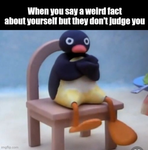 :l | When you say a weird fact about yourself but they don't judge you | image tagged in angry pingu | made w/ Imgflip meme maker