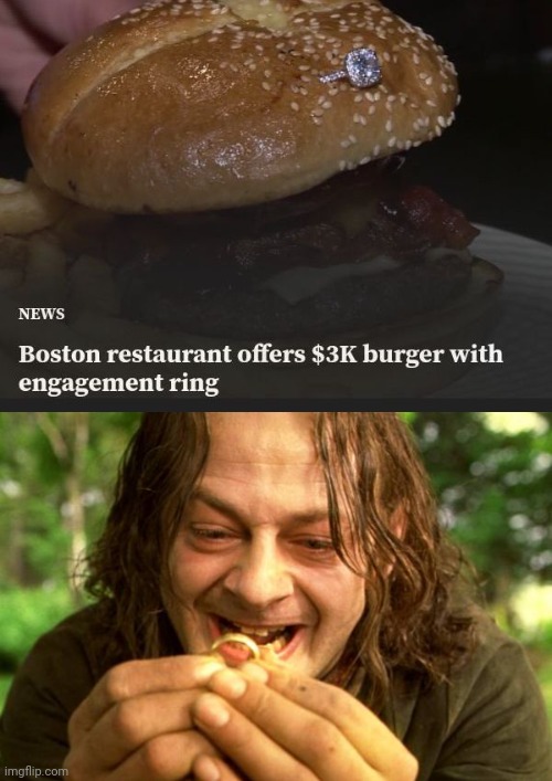 $3K burger with engagement ring | image tagged in my precious,boston,burger,engagement ring,ring,memes | made w/ Imgflip meme maker