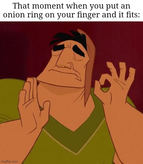 Onion ring on finger | That moment when you put an onion ring on your finger and it fits: | image tagged in when x just right,onion ring,funny,memes,blank white template,perfection | made w/ Imgflip meme maker