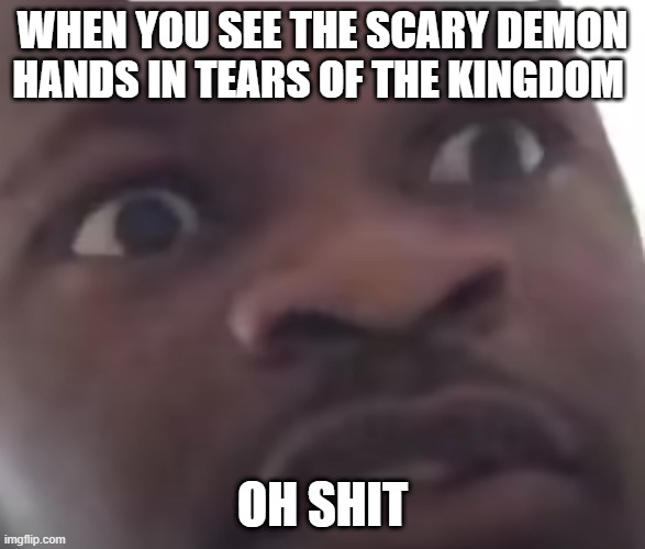 POV: You encounter Gloom Hands in Tears of The Kingdom | WHEN YOU SEE THE SCARY DEMON HANDS IN TEARS OF THE KINGDOM; OH SHIT | image tagged in scared black guy meme,memes,gaming,video games,the legend of zelda tears of the kingdom,tears of the kingdom memes | made w/ Imgflip meme maker
