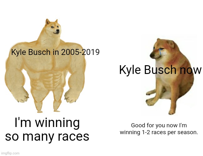 Buff Doge vs. Cheems | Kyle Busch in 2005-2019; Kyle Busch now; I'm winning so many races; Good for you now I'm winning 1-2 races per season. | image tagged in memes,buff doge vs cheems | made w/ Imgflip meme maker
