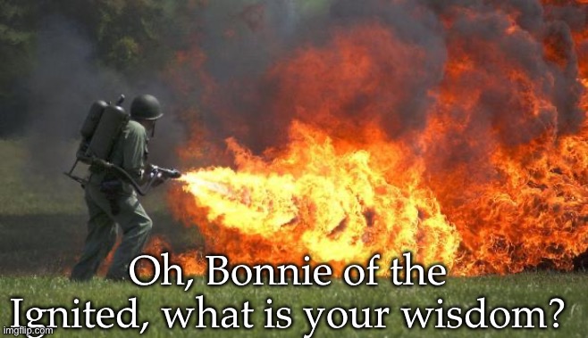 flamethrower | Oh, Bonnie of the Ignited, what is your wisdom? | image tagged in flamethrower | made w/ Imgflip meme maker