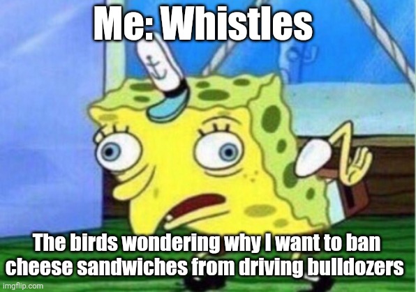 Mocking Spongebob | Me: Whistles; The birds wondering why I want to ban cheese sandwiches from driving bulldozers | image tagged in memes,mocking spongebob | made w/ Imgflip meme maker
