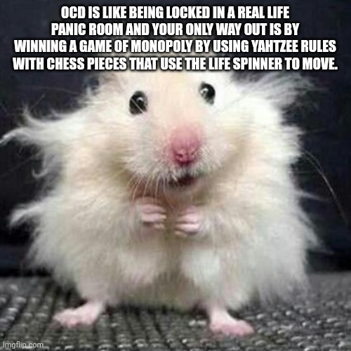 Stressed Mouse | OCD IS LIKE BEING LOCKED IN A REAL LIFE PANIC ROOM AND YOUR ONLY WAY OUT IS BY WINNING A GAME OF MONOPOLY BY USING YAHTZEE RULES WITH CHESS PIECES THAT USE THE LIFE SPINNER TO MOVE. | image tagged in stressed mouse | made w/ Imgflip meme maker