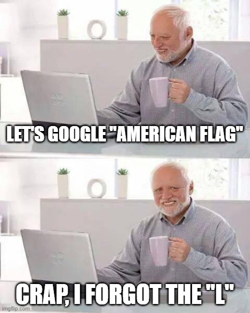 Forgot the "L." | LET'S GOOGLE "AMERICAN FLAG"; CRAP, I FORGOT THE "L" | image tagged in memes,hide the pain harold | made w/ Imgflip meme maker