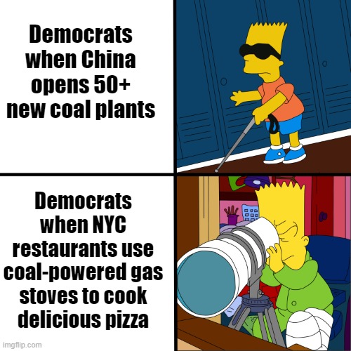 I'm sure those darn pizza restaurants are responsible for climate change! | Democrats when China opens 50+ new coal plants; Democrats when NYC restaurants use coal-powered gas stoves to cook delicious pizza | image tagged in bart simpson blind template | made w/ Imgflip meme maker