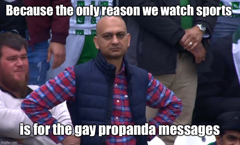 Disappointed Cricket Fan | Because the only reason we watch sports is for the gay propanda messages | image tagged in disappointed cricket fan | made w/ Imgflip meme maker