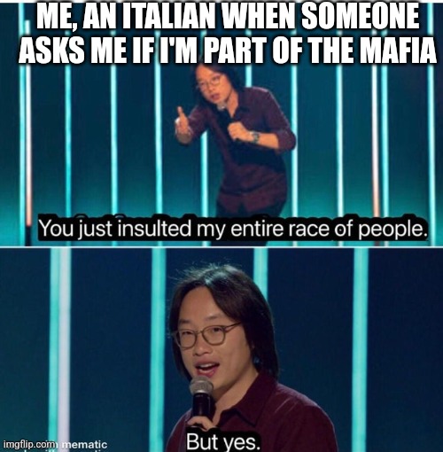 Curb stomp go brrr | ME, AN ITALIAN WHEN SOMEONE ASKS ME IF I'M PART OF THE MAFIA | image tagged in you just insulted my entire race of people | made w/ Imgflip meme maker