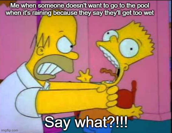 Believe me, people say this a lot. | Me when someone doesn't want to go to the pool when it's raining because they say they'll get too wet; Say what?!!! | image tagged in pool,funny,memes | made w/ Imgflip meme maker