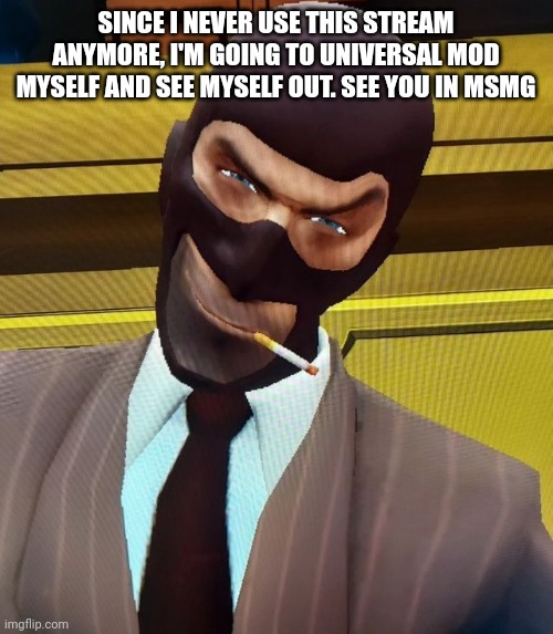 Spybrow | SINCE I NEVER USE THIS STREAM ANYMORE, I'M GOING TO UNIVERSAL MOD MYSELF AND SEE MYSELF OUT. SEE YOU IN MSMG | image tagged in spybrow | made w/ Imgflip meme maker