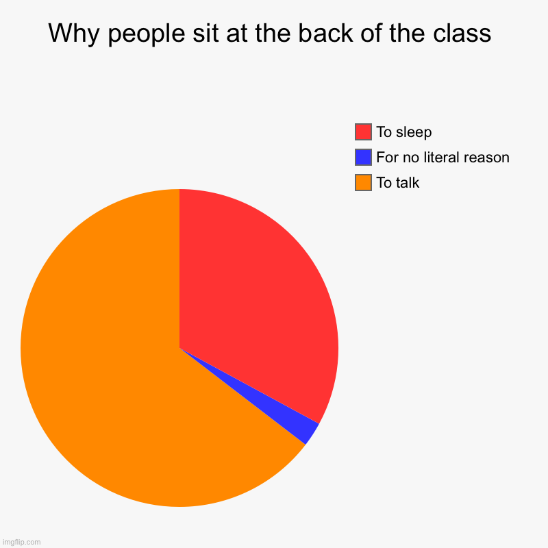 if you’re in the blue section I think you have problems | Why people sit at the back of the class | To talk, For no literal reason, To sleep | image tagged in charts,pie charts | made w/ Imgflip chart maker