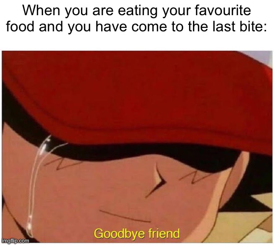 This is so relatable for me | When you are eating your favourite food and you have come to the last bite: | image tagged in ash says goodbye friend,food,memes,funny,relatable,goodbye | made w/ Imgflip meme maker