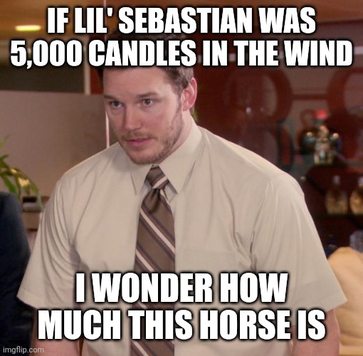 Andy Parks n Rec | IF LIL' SEBASTIAN WAS 5,000 CANDLES IN THE WIND I WONDER HOW MUCH THIS HORSE IS | image tagged in andy parks n rec | made w/ Imgflip meme maker