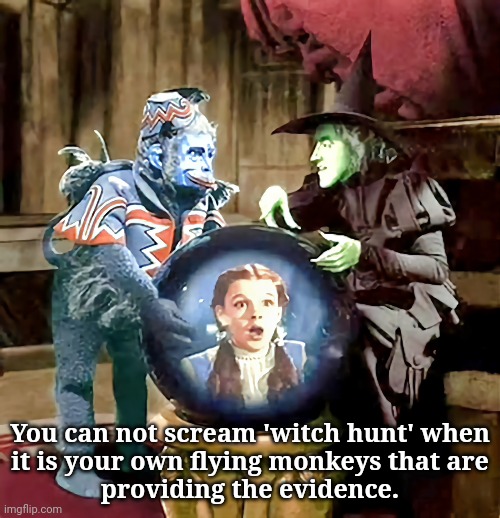 NOT a witch hunt | You can not scream 'witch hunt' when
it is your own flying monkeys that are
providing the evidence. | image tagged in dump trump,criminal,guilty,justice | made w/ Imgflip meme maker