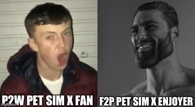 Pet sim x be like | P2W PET SIM X FAN; F2P PET SIM X ENJOYER | image tagged in average enjoyer meme | made w/ Imgflip meme maker