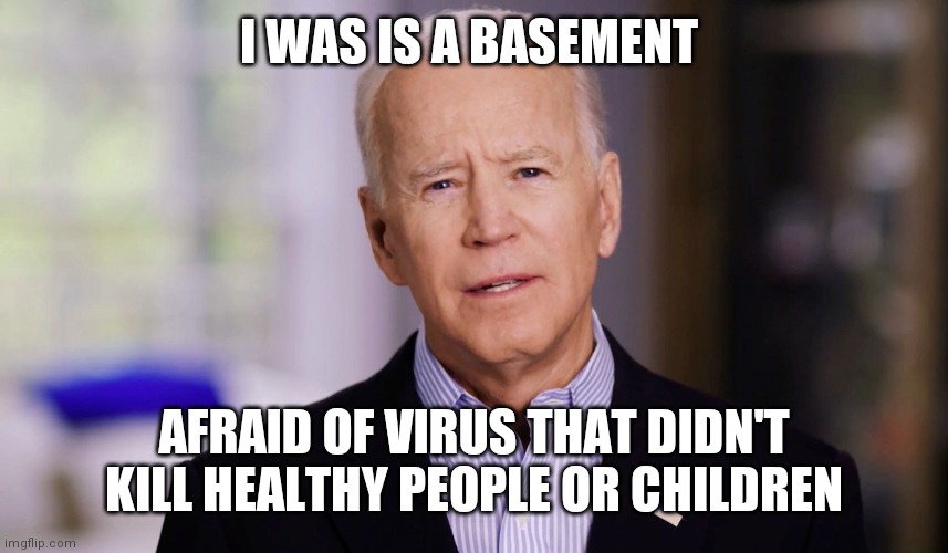 Joe Biden 2020 | I WAS IS A BASEMENT AFRAID OF VIRUS THAT DIDN'T KILL HEALTHY PEOPLE OR CHILDREN | image tagged in joe biden 2020 | made w/ Imgflip meme maker