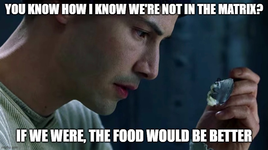 We're not in the matrix | YOU KNOW HOW I KNOW WE'RE NOT IN THE MATRIX? IF WE WERE, THE FOOD WOULD BE BETTER | image tagged in matrix,food | made w/ Imgflip meme maker