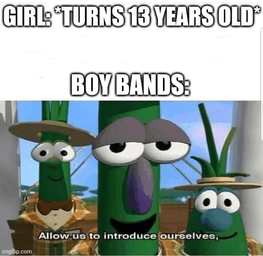 Can't think of a clever title | GIRL: *TURNS 13 YEARS OLD*; BOY BANDS: | image tagged in allow us to introduce ourselves | made w/ Imgflip meme maker