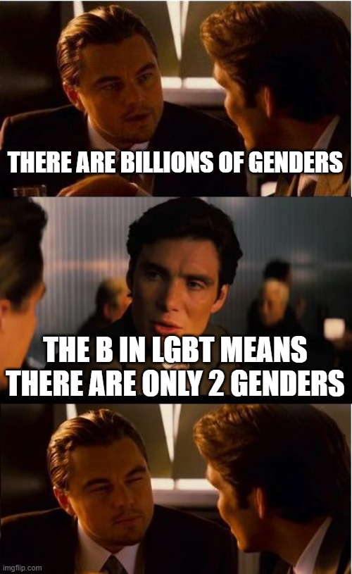 The B in LGBT Means There Are Only 2 Genders | THERE ARE BILLIONS OF GENDERS; THE B IN LGBT MEANS THERE ARE ONLY 2 GENDERS | image tagged in inception,gender,genders,2 genders,lgbtq,lgbt | made w/ Imgflip meme maker