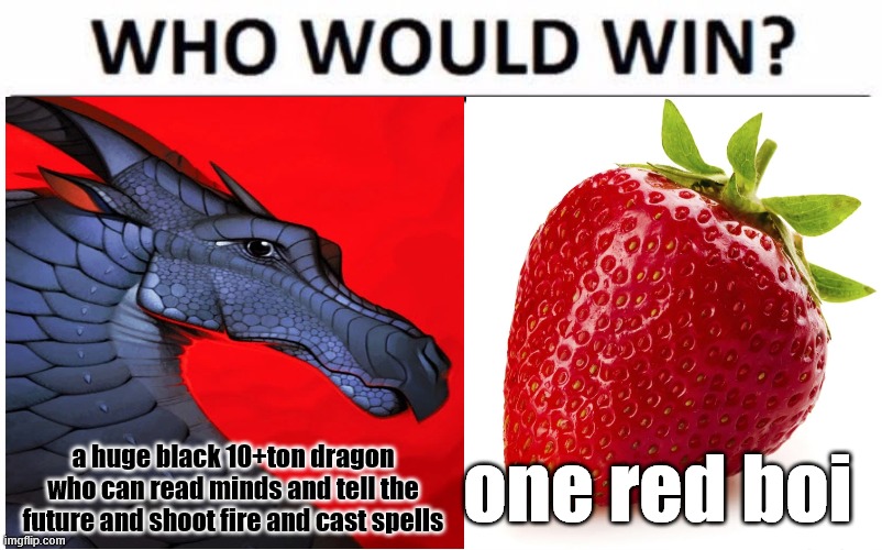 Darkstalker versus strawberry | one red boi; a huge black 10+ton dragon who can read minds and tell the future and shoot fire and cast spells | image tagged in wings of fire,wof,dragons,books,fruit | made w/ Imgflip meme maker