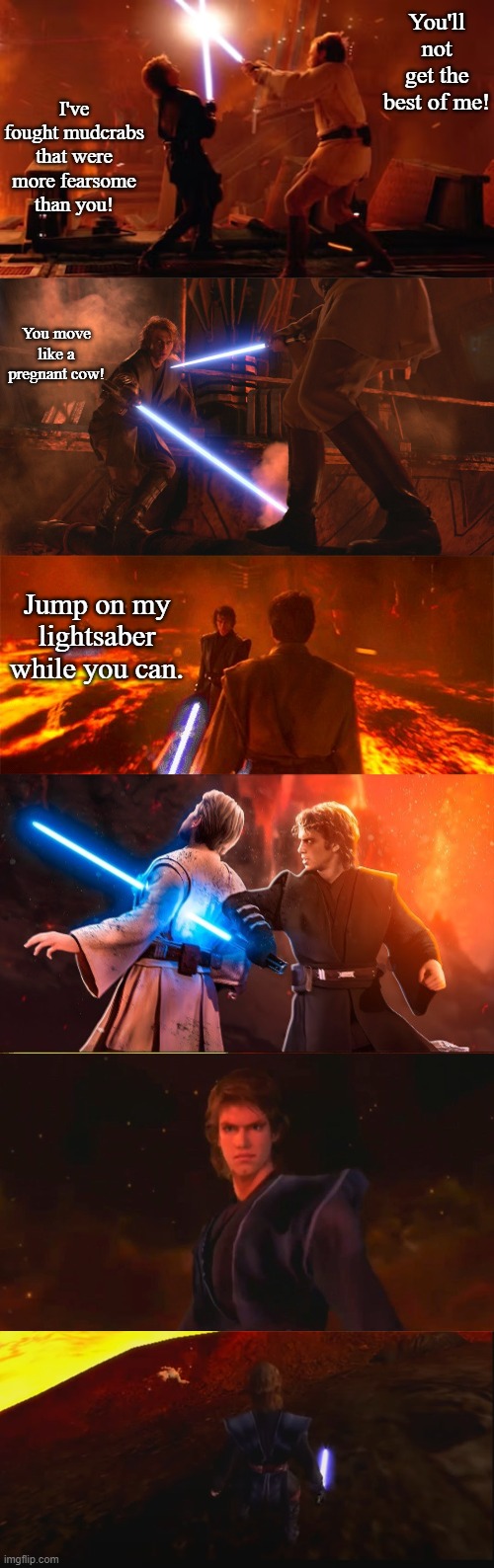 Star Wars Combat with Elder Scrolls Battle Taunts | You'll not get the best of me! I've fought mudcrabs that were more fearsome than you! You move like a pregnant cow! Jump on my lightsaber while you can. | image tagged in anakin kills kenobi,funny,elder scrolls | made w/ Imgflip meme maker