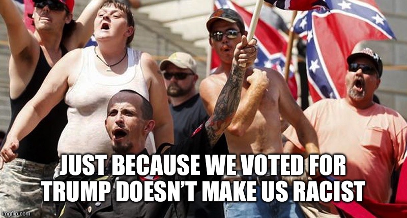 Confederate Flag Supporters | JUST BECAUSE WE VOTED FOR TRUMP DOESN’T MAKE US RACIST | image tagged in confederate flag supporters | made w/ Imgflip meme maker