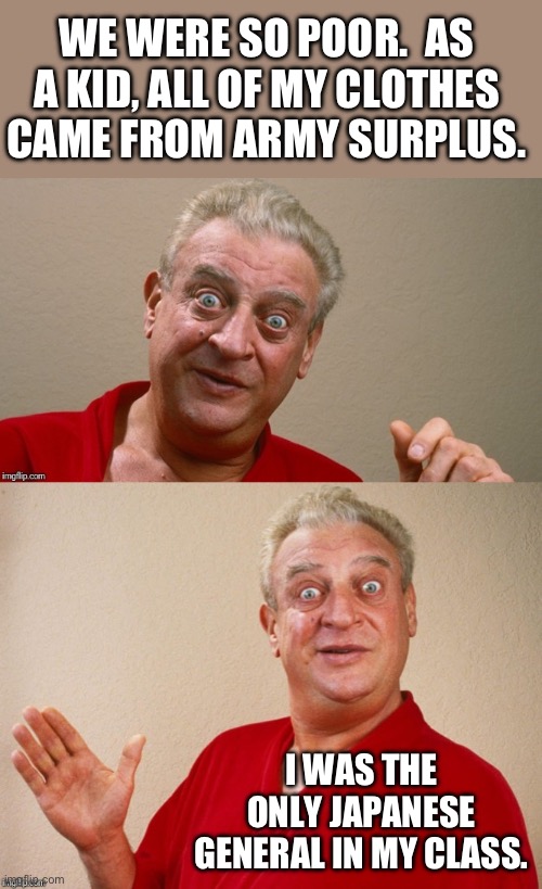 Poor | WE WERE SO POOR.  AS A KID, ALL OF MY CLOTHES CAME FROM ARMY SURPLUS. I WAS THE ONLY JAPANESE GENERAL IN MY CLASS. | image tagged in rodney dangerfield | made w/ Imgflip meme maker