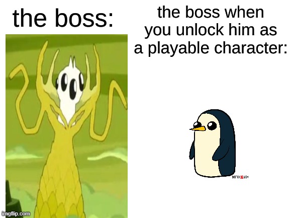 boss orgalorg | image tagged in the boss v s when you unlock him | made w/ Imgflip meme maker