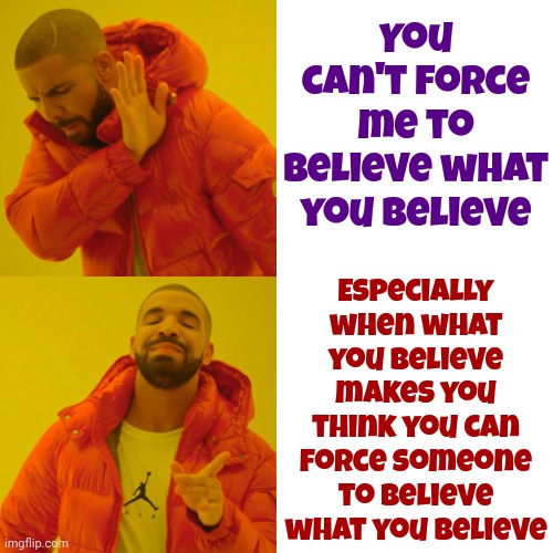 Which Makes You Wrong | You can't force me to believe what you believe; Especially when what you believe makes you think you can force someone to believe what you believe | image tagged in memes,drake hotline bling,believe,beliefs,it's my life,haters gonna hate | made w/ Imgflip meme maker