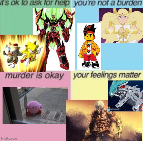 It's funny, because Kirby has a higher body count than Kratos | image tagged in murder is ok blank,kirby,anime,she-ra,sonic the hedgehog,godzilla | made w/ Imgflip meme maker