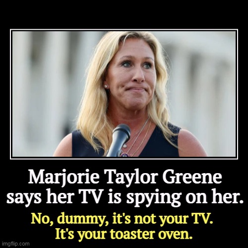 But Trump's boxes! | Marjorie Taylor Greene says her TV is spying on her. | No, dummy, it's not your TV. 
It's your toaster oven. | image tagged in funny,demotivationals,mtg,paranoid,tv,spying | made w/ Imgflip demotivational maker