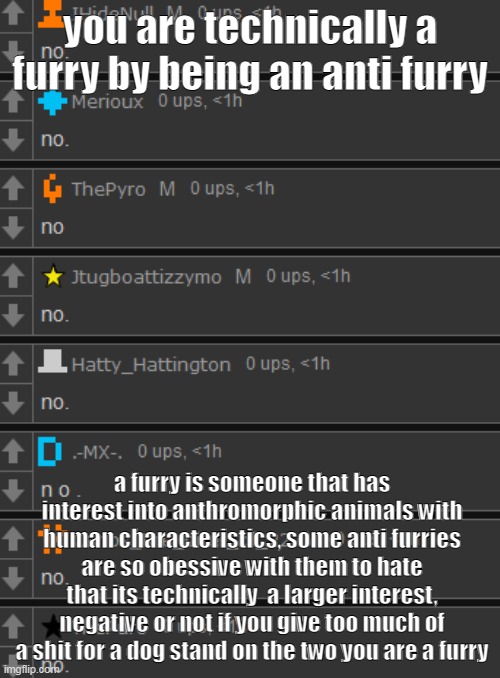 now send me every anti furry stream to post this in | you are technically a furry by being an anti furry; a furry is someone that has interest into anthromorphic animals with human characteristics, some anti furries are so obessive with them to hate that its technically  a larger interest, negative or not if you give too much of a shit for a dog stand on the two you are a furry | image tagged in no | made w/ Imgflip meme maker
