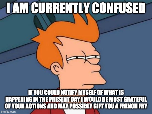 infinite words | I AM CURRENTLY CONFUSED; IF YOU COULD NOTIFY MYSELF OF WHAT IS HAPPENING IN THE PRESENT DAY I WOULD BE MOST GRATEFUL OF YOUR ACTIONS AND MAY POSSIBLY GIFT YOU A FRENCH FRY | image tagged in memes,futurama fry | made w/ Imgflip meme maker