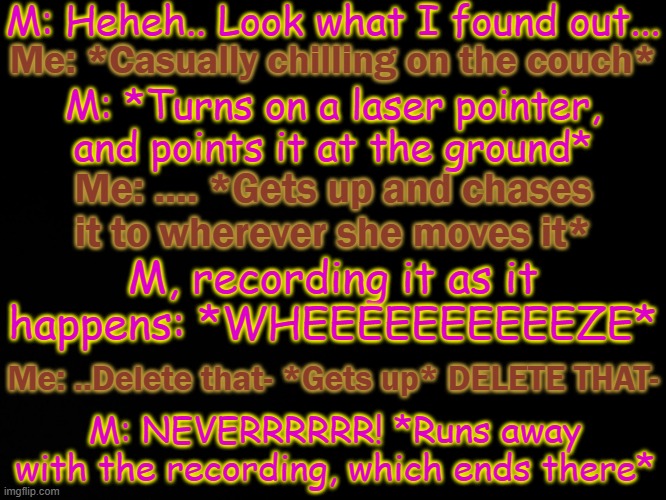 "Laser Pointer" | M: Heheh.. Look what I found out... Me: *Casually chilling on the couch*; M: *Turns on a laser pointer, and points it at the ground*; Me: .... *Gets up and chases it to wherever she moves it*; M, recording it as it happens: *WHEEEEEEEEEEZE*; Me: ..Delete that- *Gets up* DELETE THAT-; M: NEVERRRRRR! *Runs away with the recording, which ends there* | made w/ Imgflip meme maker