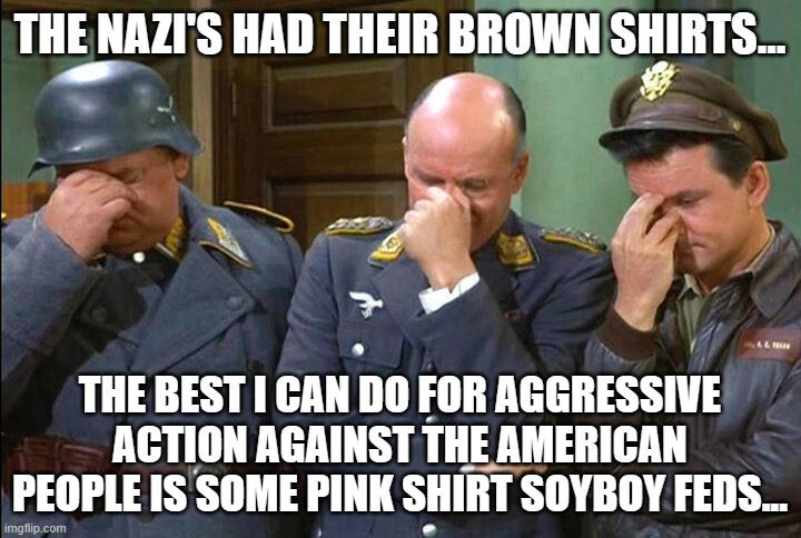 Hogan's Heroes Triple Facepalm | THE NAZI'S HAD THEIR BROWN SHIRTS... THE BEST I CAN DO FOR AGGRESSIVE ACTION AGAINST THE AMERICAN PEOPLE IS SOME PINK SHIRT SOYBOY FEDS... | image tagged in hogan's heroes triple facepalm | made w/ Imgflip meme maker